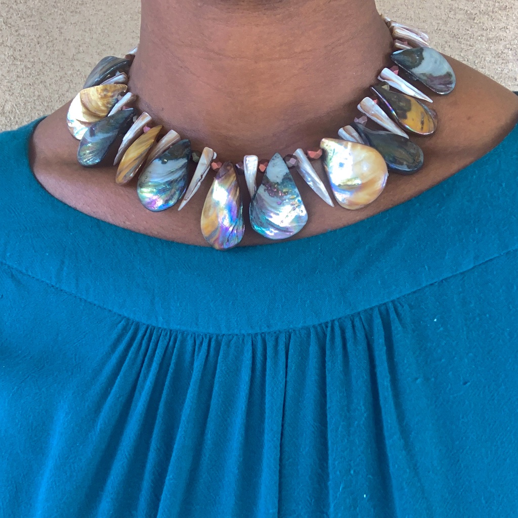 Iridescent Blue & Brown Shell Beaded Necklace W/ Tan Shell Pieces